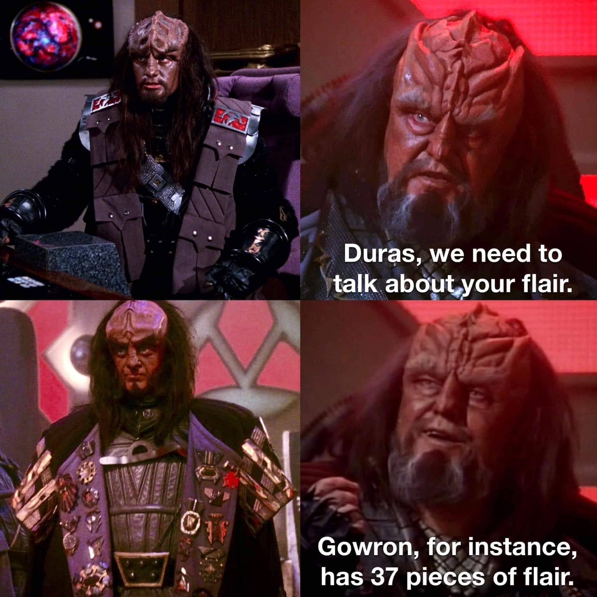 This meme is a humorous image of the character K'Ela from the Star Trek: The Next Generation episode "The Icarus Factor". The image shows K'Ela with a serious expression, but the text overlayed on the image says "Duras, we need to talk about your... *ahem* ...hair". The meme is likely referencing the character Duras from the Star Trek: The Next Generation series, known for his flamboyant and theatrical personality.